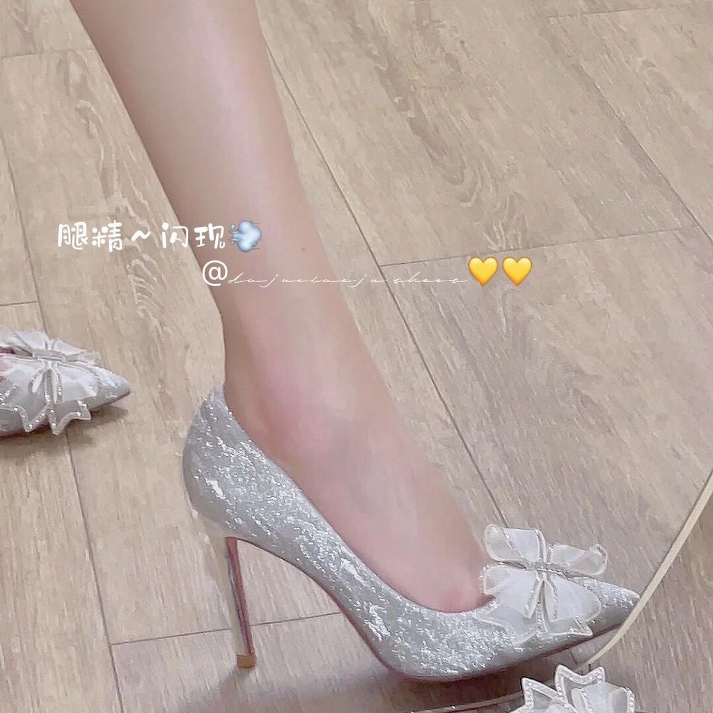 Xianfeng high heels silver bow wedding shoes Xiuhe bridesmaids thin heels pointed head light mouth single shoes