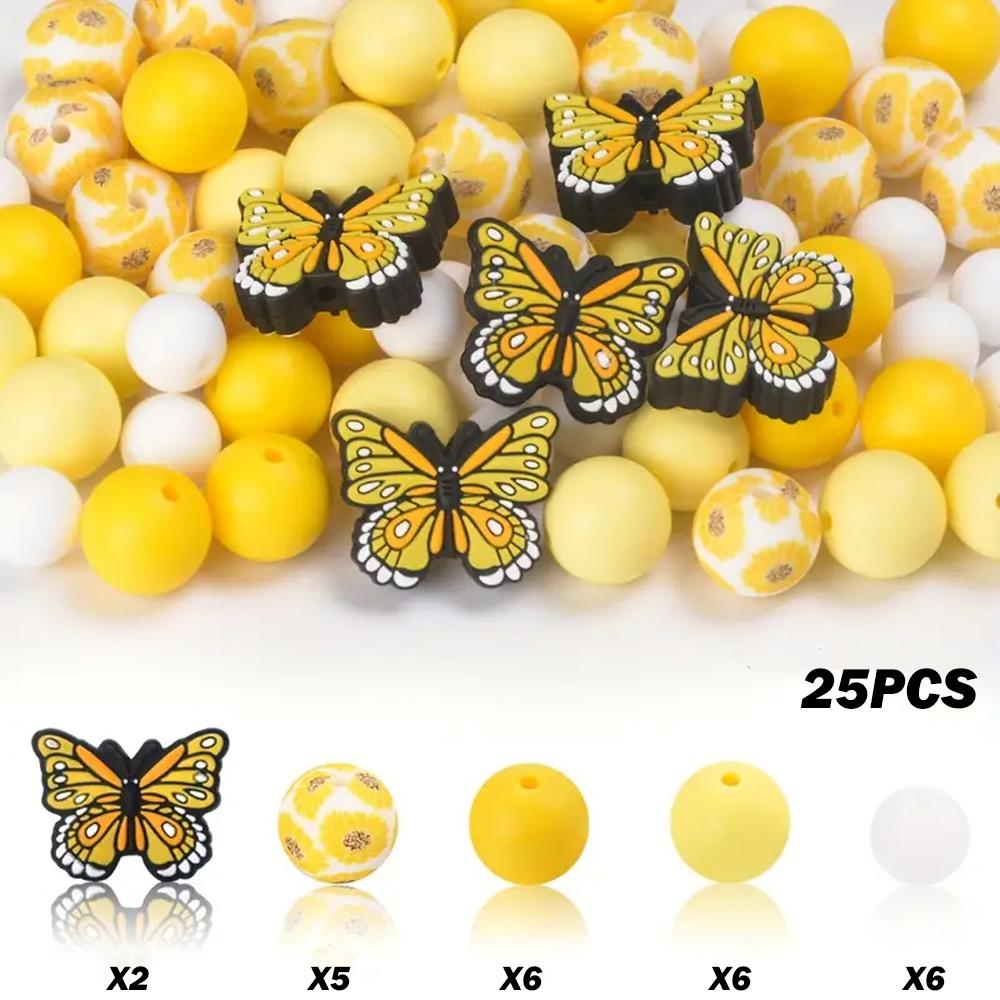 

25/61PCS Butterfly Bee Daisy Silicone Bead Set, perfect for DIY handmade crafts such as keychains, necklaces, bracelets, etc