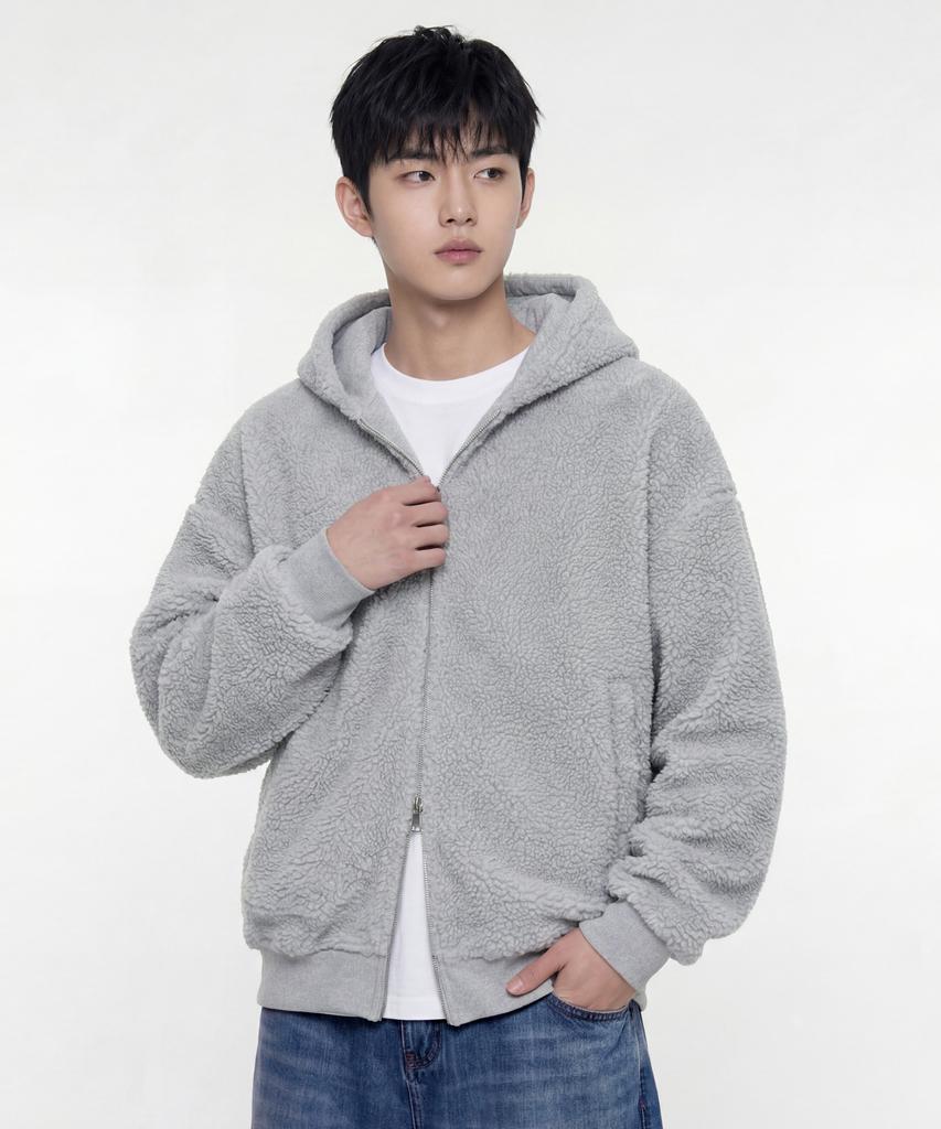 Agod Reversible Heavy Fleece Boa Hooded Zip-Up [Heather Grey]