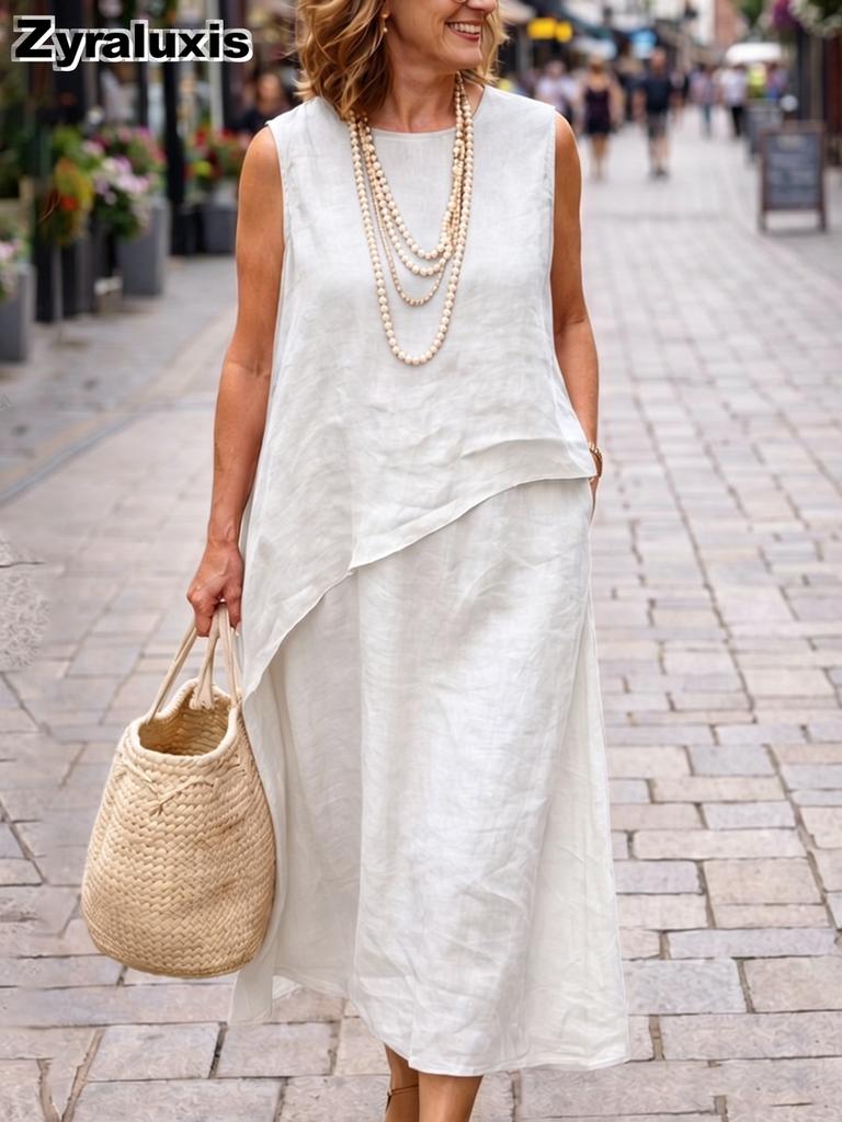 Women's Casual Cotton Linen Irregular Vest and Half Skirt Set Long Maxi Dress Outfit