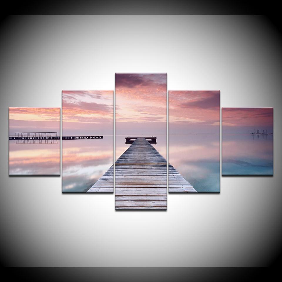 The pink sky and wood bridge 5 Panels Wall Art modern Modular Poster art Canvas painting for Living Room Home Decor