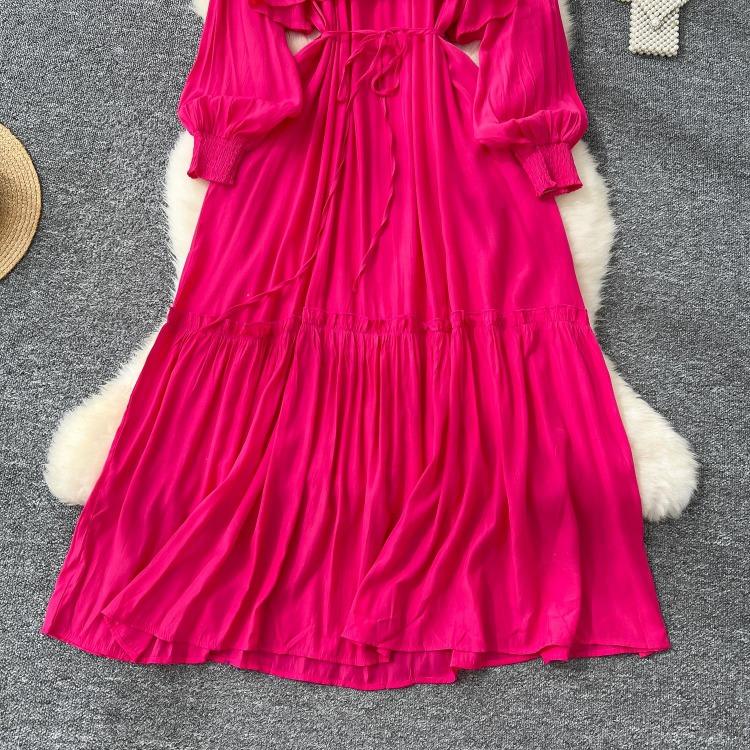 French Vintage Evening Dress Elegant Asymmetrical Ruffle O Neck Long Sleeve Lace Up Spliced Chic High Street Autumn Clothing