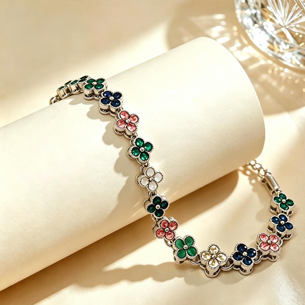 Colorful Zircon Lucky Four-Leaf Flower Bracelet for Women Flower CZ Stone Gold Plated Tennis Bracelet Fragrance Jewelry