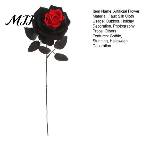 Faux Flower Arrangement Artificial Rose Flower, Gothic Black Red Silk with Suede Petal Long Stem for Halloween Arrangement, Home Wedding Centerpiece