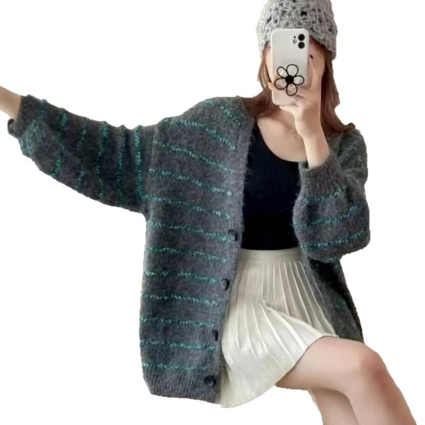 2025 Autumn/Winter Retro Loose Striped Knitted Cardigan - Women's Lazy Style Sweater Coat