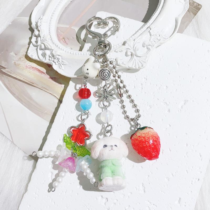 Cute Cartoon Flocking Cat Dog Beaded Keychain Pendant Headphone Case Charm  Backpack Decoration Car Key Ring Gifts