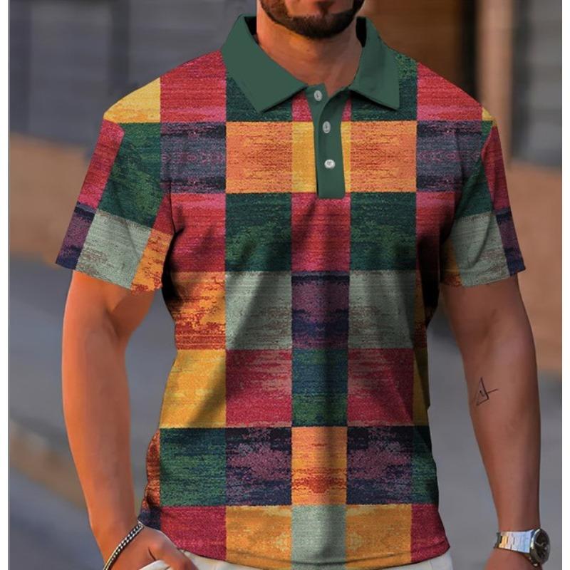 Independent Station Summer Men's Polo Shirt Button Plaid Pattern Printing Geometric Pattern D Digital Printing Trend