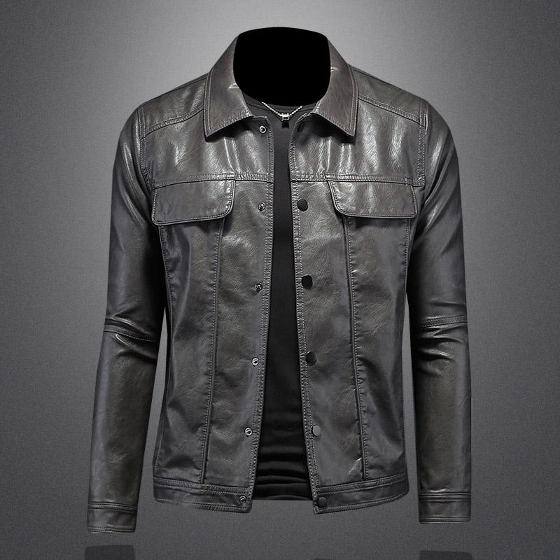 Herbst und Winter Herrenmode Gutaussehend mit einfarbigem Boutique-Revers Motorrad-Lederjacke Schlank Mode M-5XL