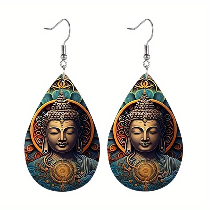 Retro Buddha Statue PU Leather Earrings Double-sided Pattern Print Water Drop Earrings Women Vintage Classic Earrings Simple Gifts for Friends