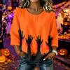 Women's Casual Halloween Print Round Neck Three Quarter Sleeve Linen Cotton Blend Top Suitable for Everyday Wear and Seasonal Events