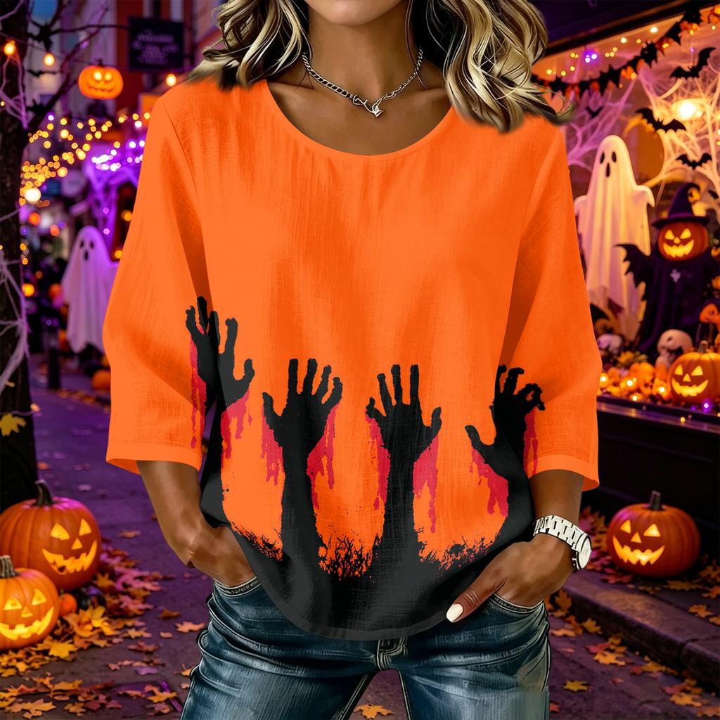 Women's Casual Halloween Print Round Neck Three Quarter Sleeve Linen Cotton Blend Top Suitable for Everyday Wear and Seasonal Events