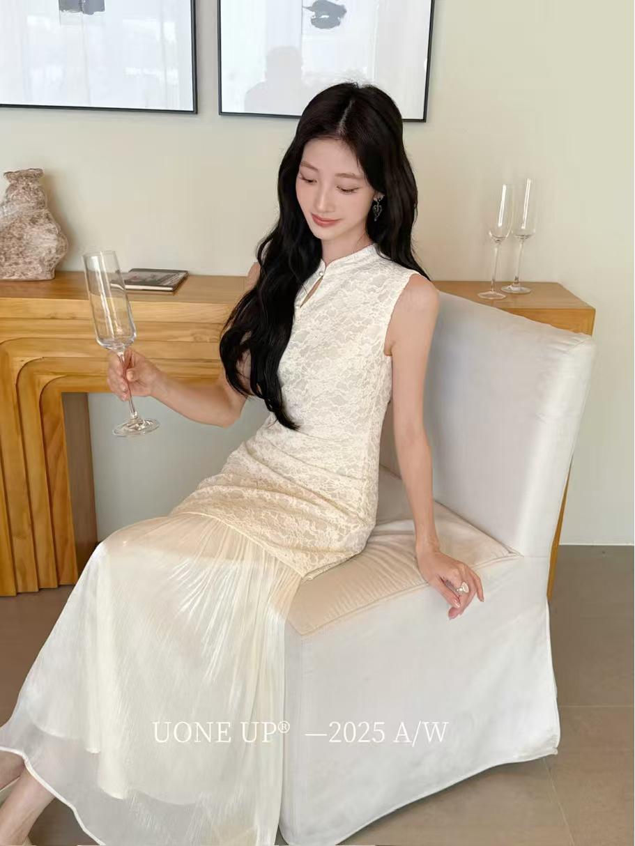 

UONE2025 Autumn Sleeveless Irregular Embroidered Cheongsam Dress Large абрикосовий