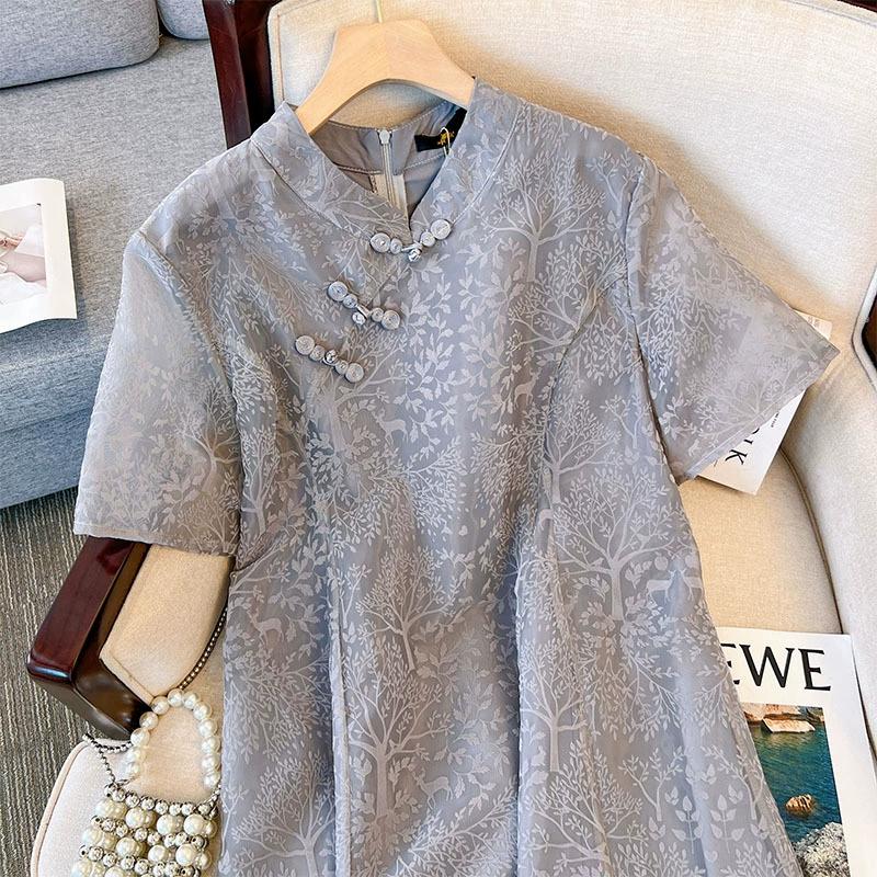 Ladies Temperament Elegant Half High Neck Dress Plus Size Slightly Stretchy Slant Lapel Cheongsam