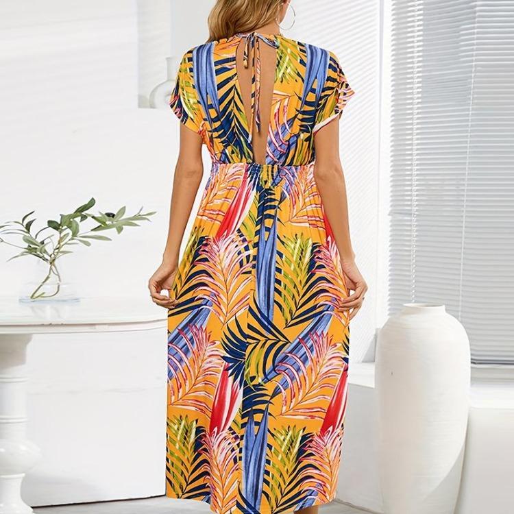 Damen Sommer Böhmisch Strandurlaub V-Ausschnitt Bedruckt Kurzarm Einteiliges Kleid