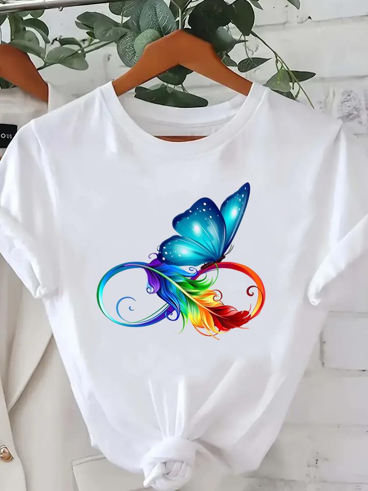 (Asian Size) T Shirt Tee Feather Trend Cute Top Clothing Fashion Women Casual Printed Lady Female Graphic  Short Sleeve T-shirts