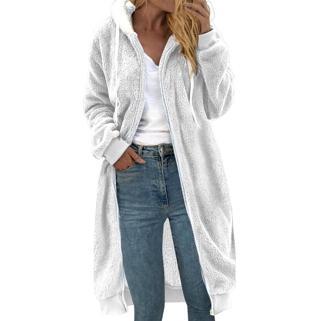 Ladies' Loose Comfortable Casual And Fashionable V-neck Long Sleeved Medium To Long Double-sided Plush Hooded Jacket