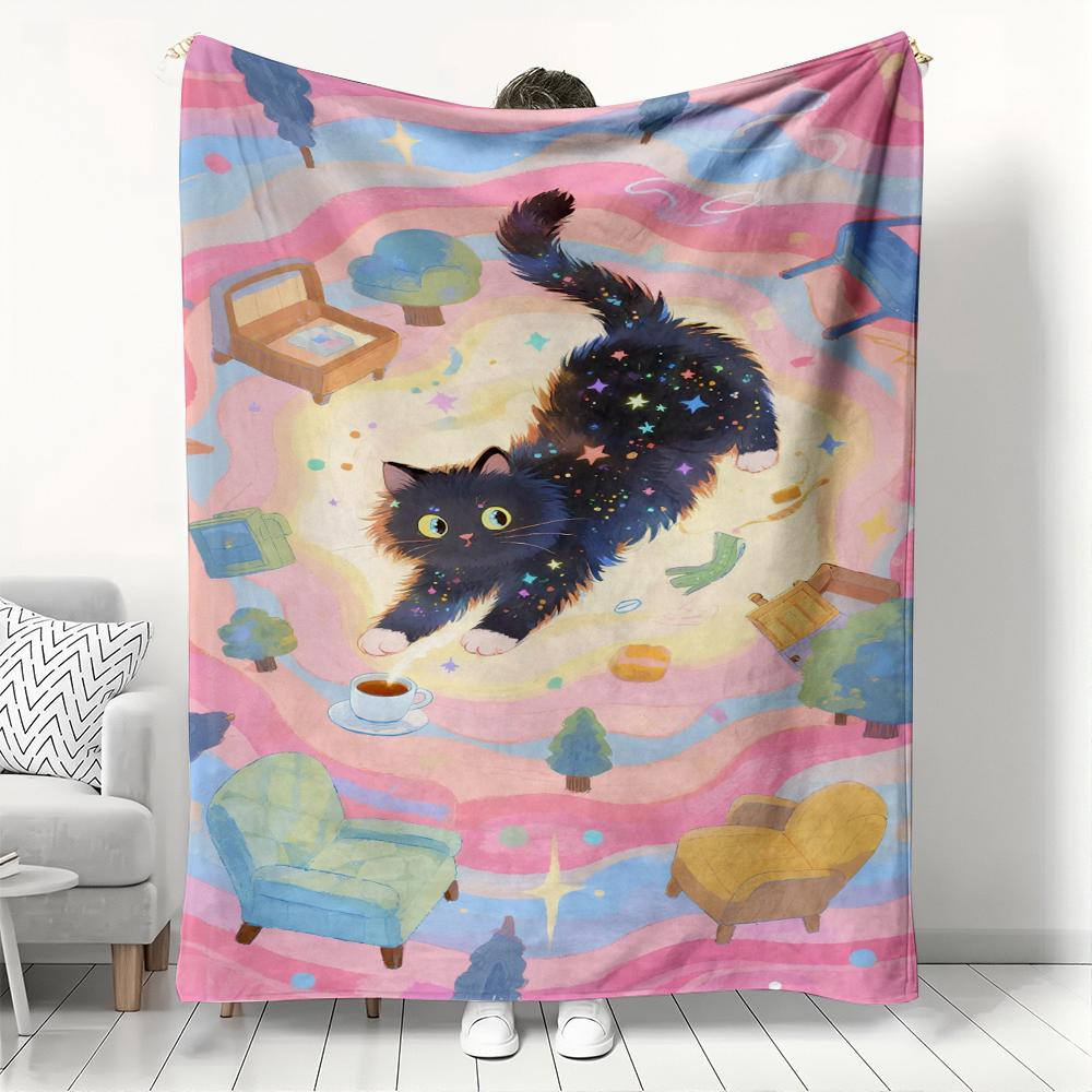 Softcolored floral cat pattern Flannel printed blanket suitable for all seasons suitable for living room office sofa and travel