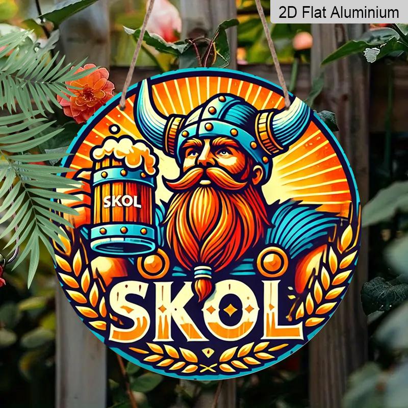 2D Flat 1pc, 8x8 in, Vintage Skol Beer Viking Design Aluminum Metal Decorative Signs & Plaques, Round Door Mount Metal Wall Decor for Bar, Cafe
