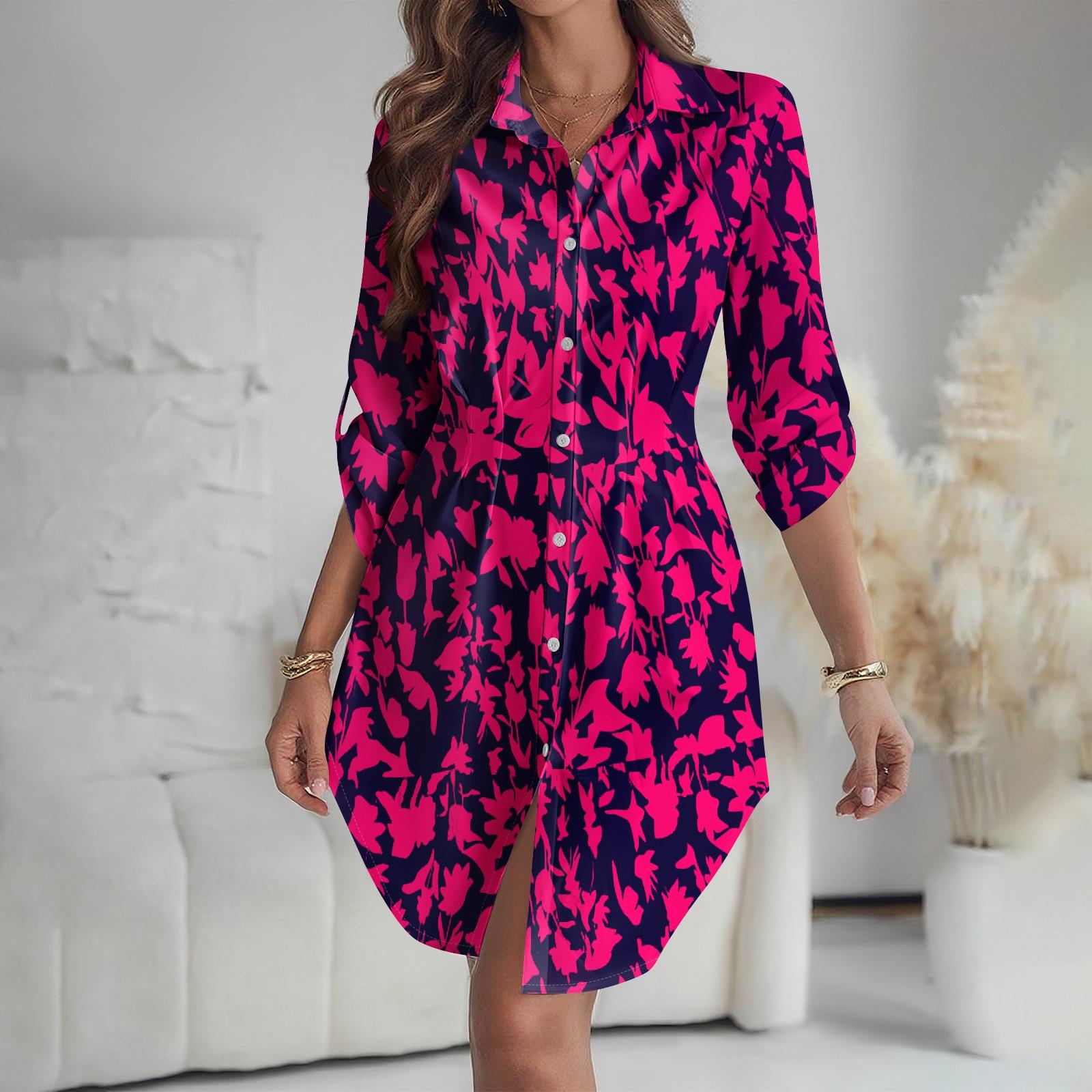 

Женское платье свободного кроя с V-образным вырезом и длинными рукавами, с принтом, платье-рубашка для работы S