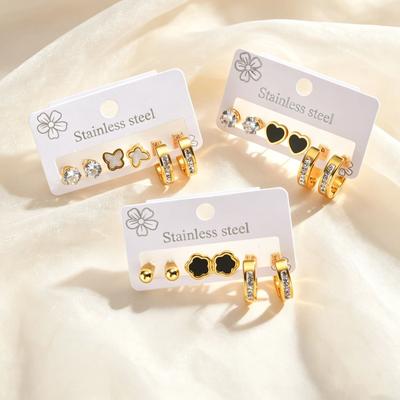 3pcs Set Stainless Steel Earrings for Women, Flower Butterfly Heart Zircon Geometry Earrings, Simple Fashion New Trend Jewelry