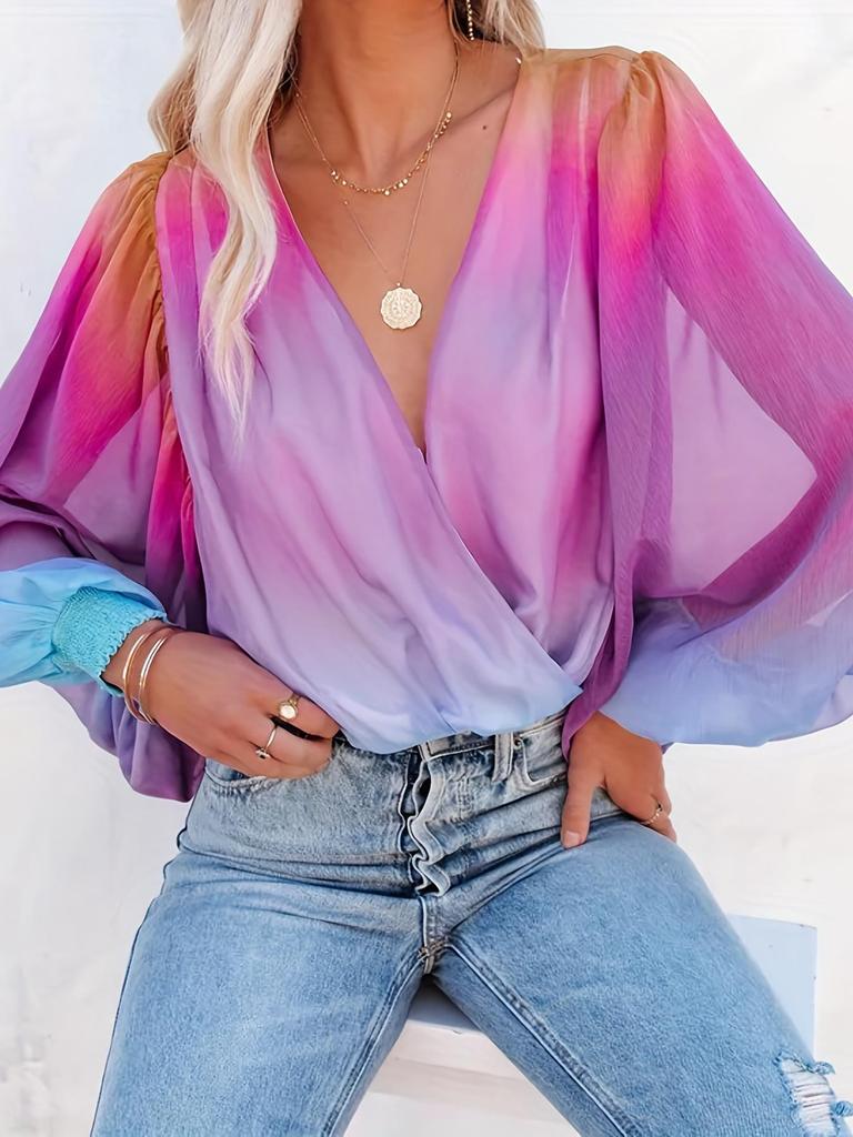 European & American Gradient Chiffon Sexy Printed Long-Sleeve Pullover Women's Shirt for Spring & Autumn