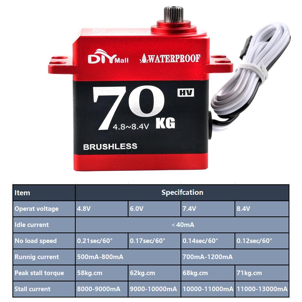 DIYmall 70kg Digital Servo Waterproof High Torque Brushless Motor Steel Gear Servo with 25T Metal Horn for RC 1/8 1/10 Car/Robot/Boat/Plane(270