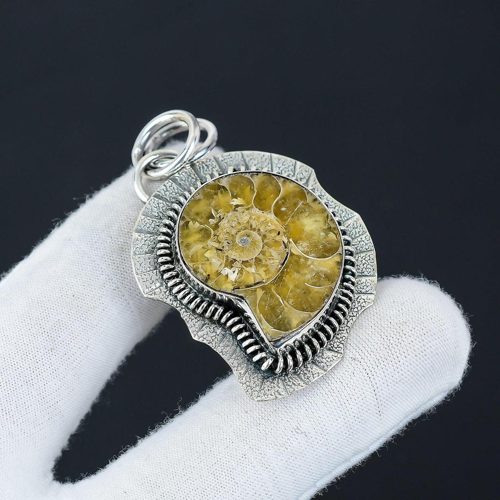 Natural Ammonite Gemstone Silver Pendant in 925 Sterling Silver- Handmade Design, Everyday Wear Jewelry, Unique Pendant Birthday Gift