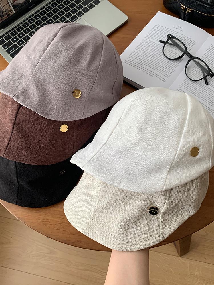 Linen forward hat women's big head circumference wide brim show face small newsboy hat retro literary style beret hat tide