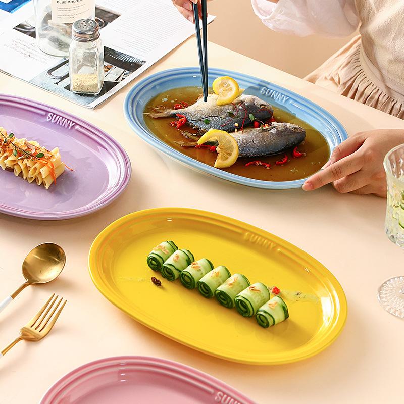 Ceramic Plate Creative Colorful Gradual Change Ceramic Fish Plate Hotel Restaurant Home Dish Plate Oval Steamed Fish Plate