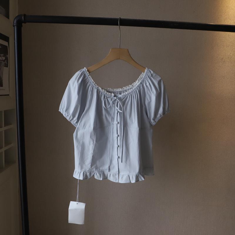 2025 Summer Korean Sweet Lace Trim Babydoll Top - Women's Short Sleeve Shirt