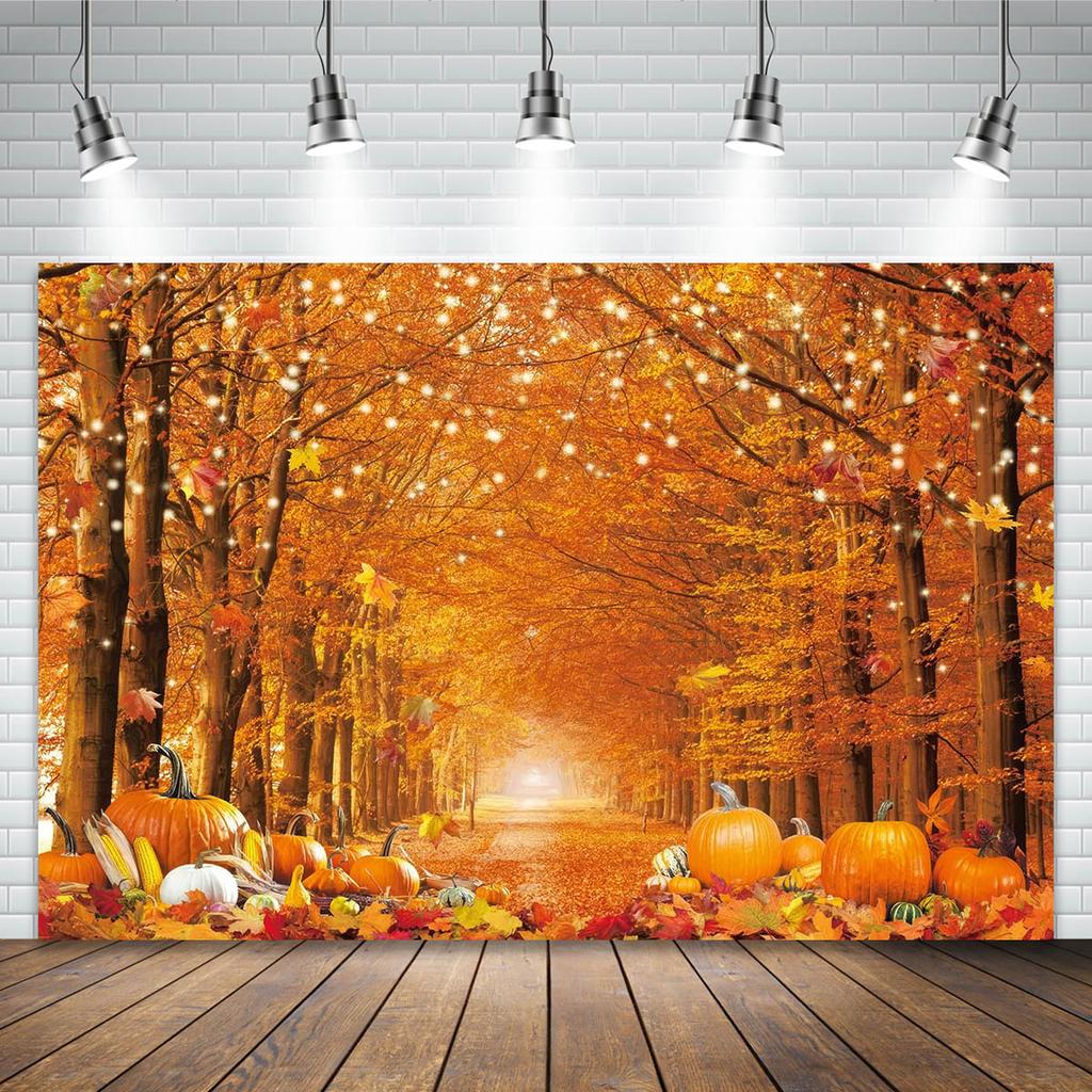 Autumn Thanksgiving Pumpkin Party Photo Backdrop Yellow Leaves Tree Photography Background for Family Photocall Photo Studio