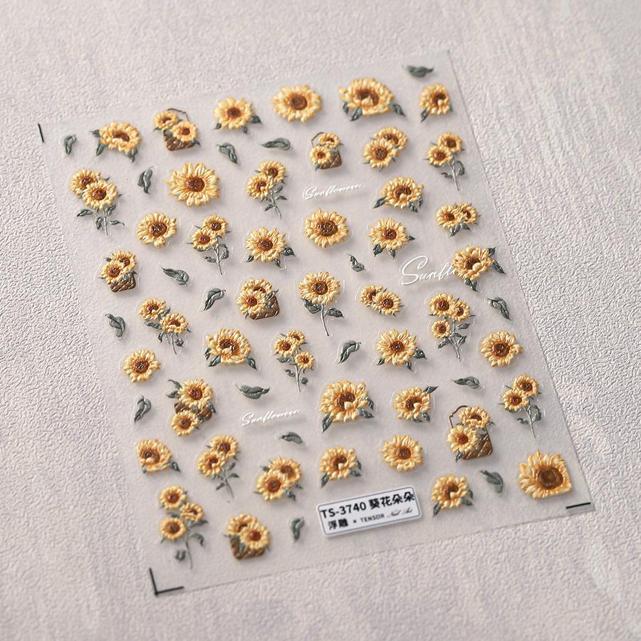 1 Pc 5D Sunflower Nail Stickers Rose Daisy Cherry Blossom Self-adhesive Nail Art Stickers Oil Painting Decorative Sticker