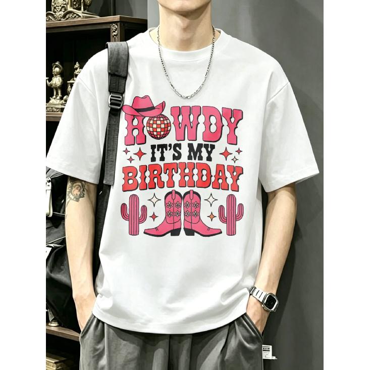 Cowboy Style T Shirt White Howdy Its My Birthday with Hat Cactus And Boots Print for Birthday Party Celebration