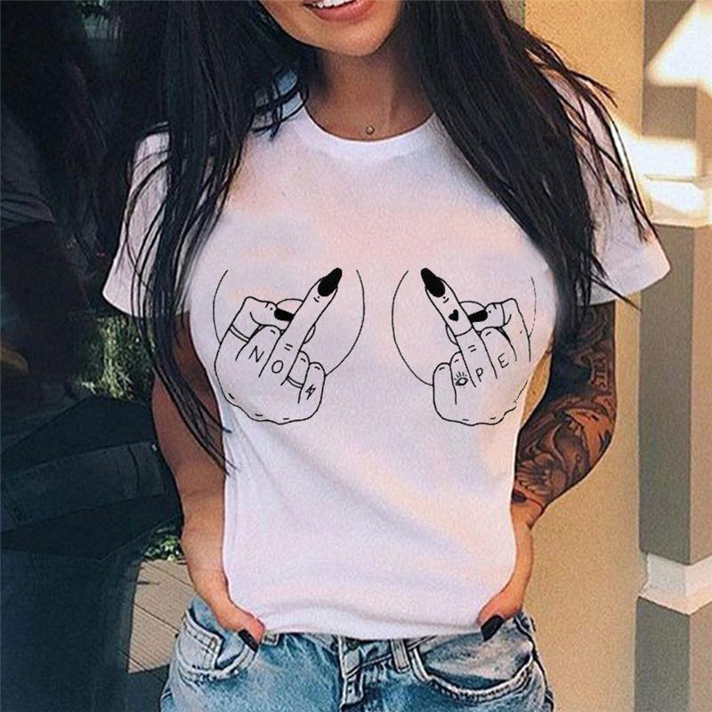 Summer Tshirt Women New Fashion Middle Finger Chest Graphic Printed Round Neck T Shirt Casual Simple Women Tee Tops Female