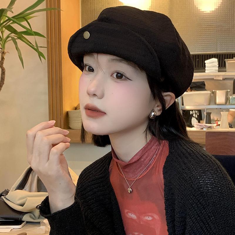 Autumn And Winter Versatile Korean Version Flanged Black Beret Female Face Small Bud Painter Hat Big Head Circumference Literary Hat