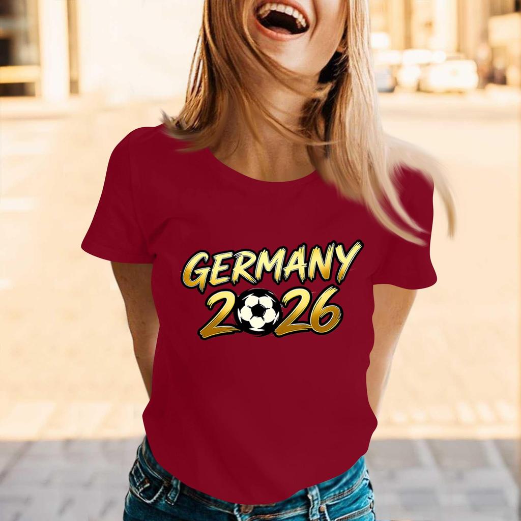 Women’s Casual Crew Neck Short Sleeve Pullover T-Shirt with Germany 2026 Letter Print Soccer Graphic Top for Supporters
