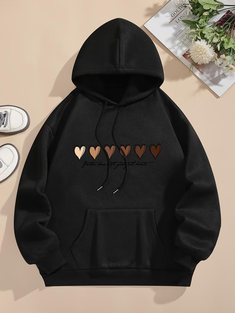 Damska bluza z kapturem i nadrukiem serca, wygodna, ściągana sznurkiem, z długim rękawem, wygodna, codzienna odzież