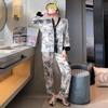 Warm Season Autumn Ink and Wash Painting Pattern Silk Pajamas Women's Long Sleeve Simple Sleepwear Homewear Nightwear Loungewear 2PCS