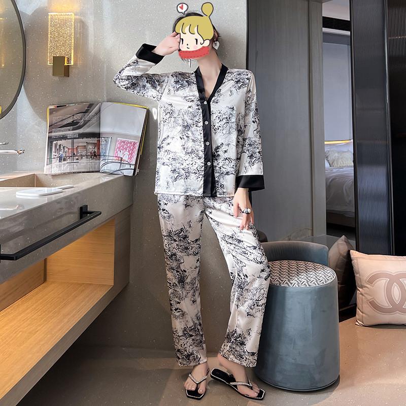 Warm Season Autumn Ink and Wash Painting Pattern Silk Pajamas Women's Long Sleeve Simple Sleepwear Homewear Nightwear Loungewear 2PCS