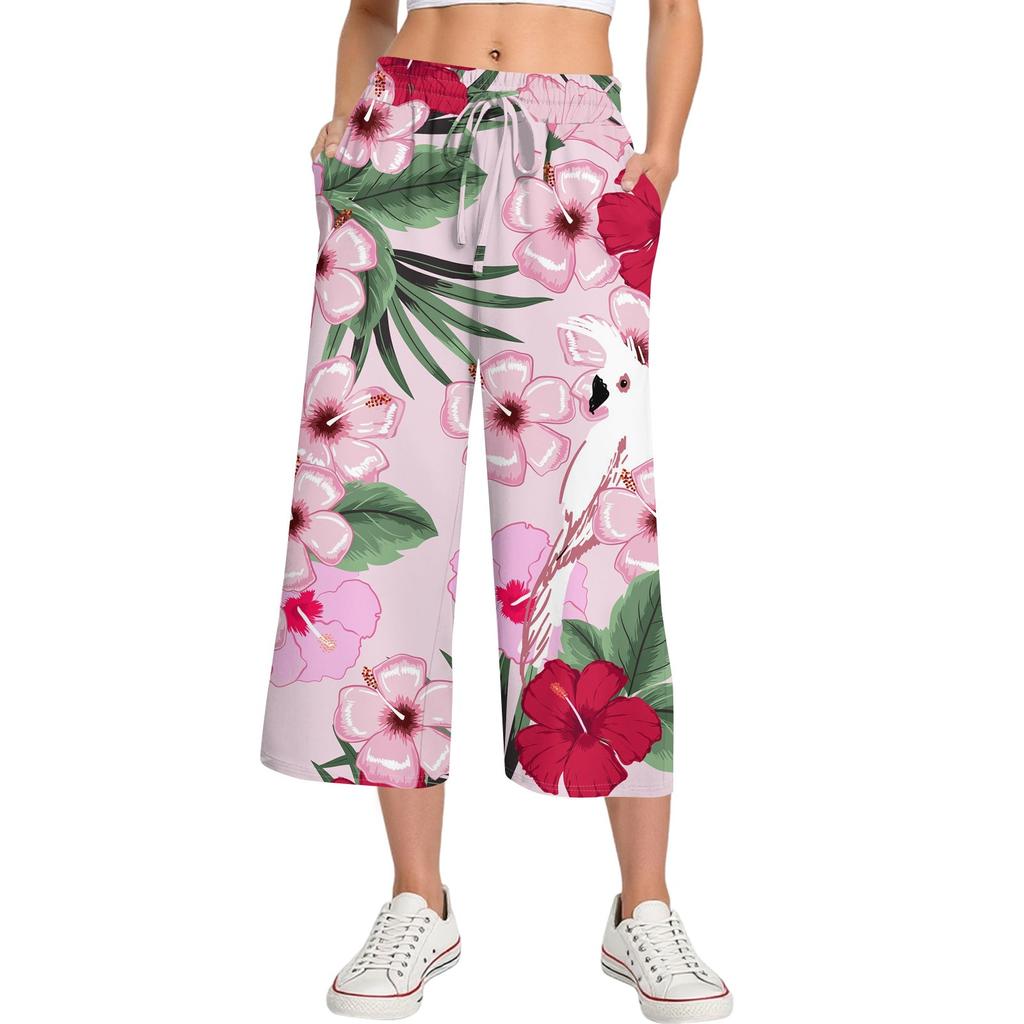 Damen Sommer Hohe Taille Bedruckte Freizeit-Sportbekleidung Lässige Cropped-Hose Weite Hose