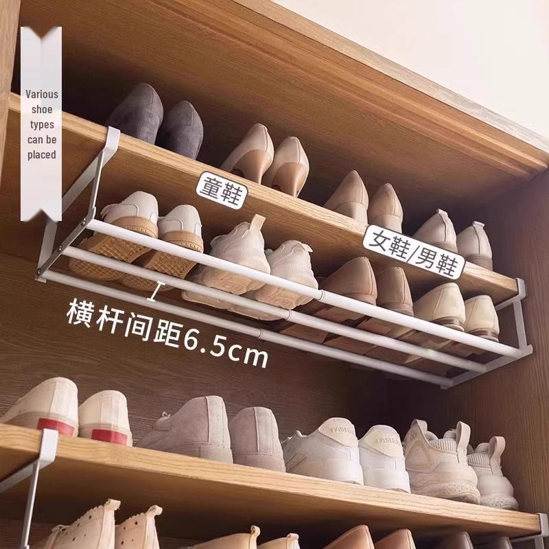 Retractable Shoe Rack Cabinet with Layered Partitions and Under-Hanging Basket for Organized Shoe Storage and Space Saving.