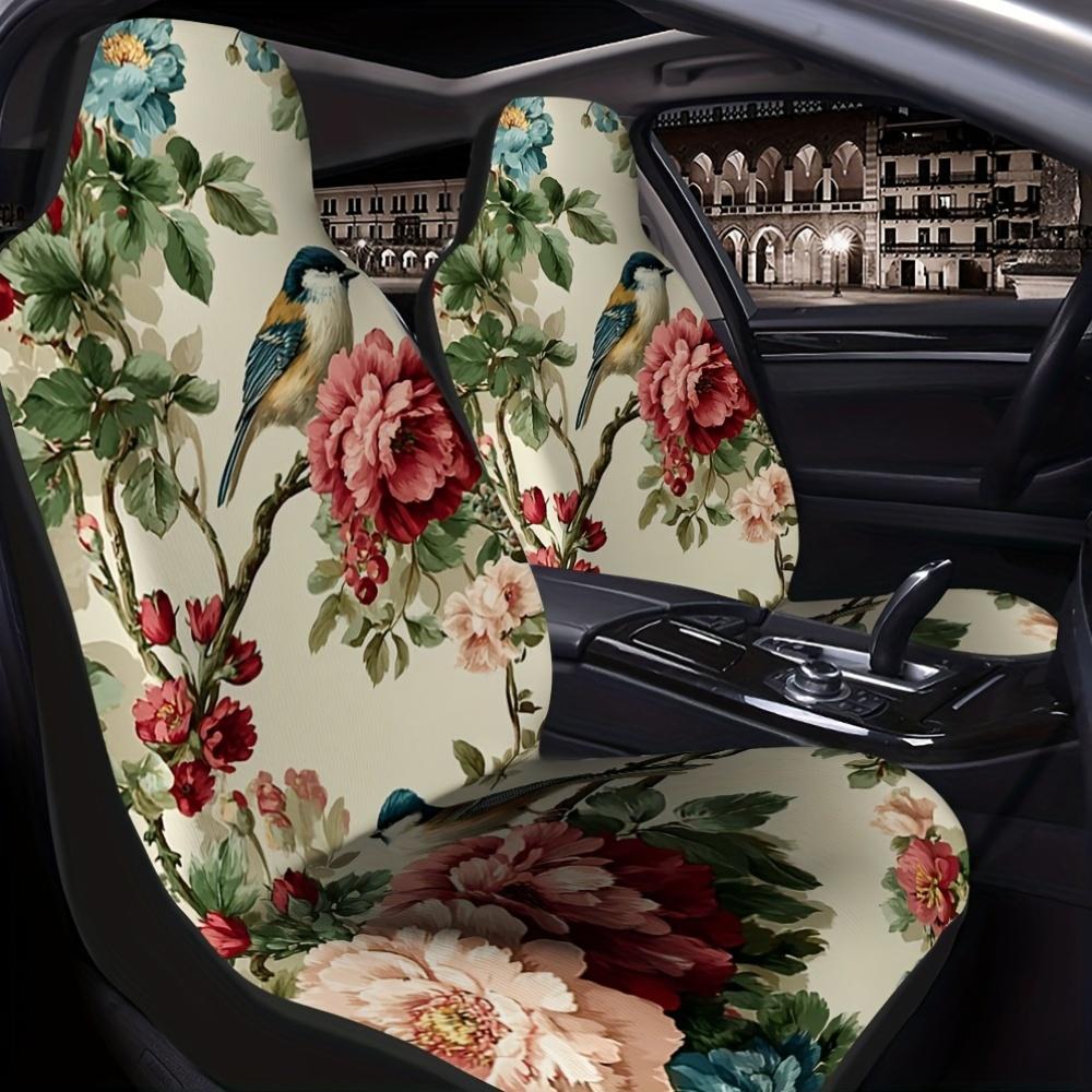 2pcs Vintage Floral Bird Car Seat Covers - Elegant Floral Pattern With Pink Peonies & Bluebirds, Durable Polyester, Fit For Cars