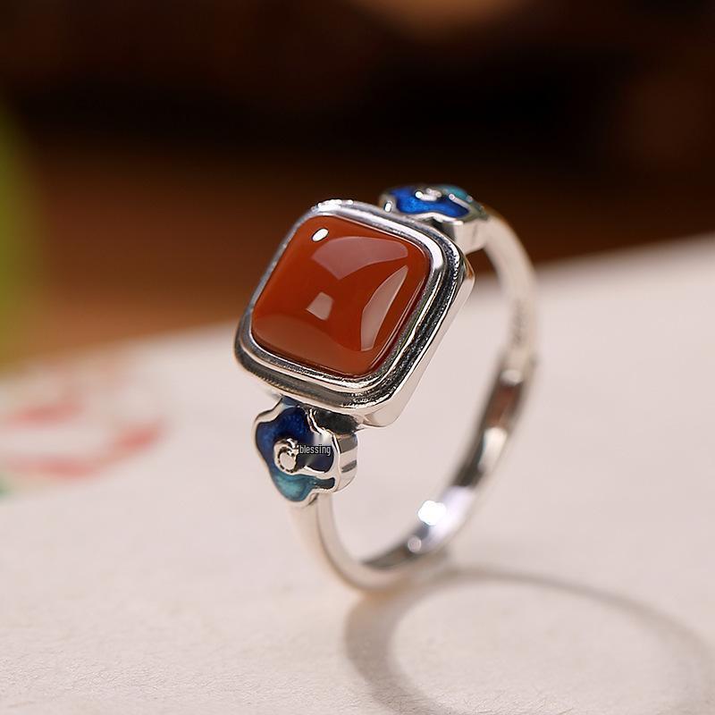 S925 Sterling Silver Nan Hong Agate Cloisonné Clouds Adjustable Ring - Classical Chinese Design
