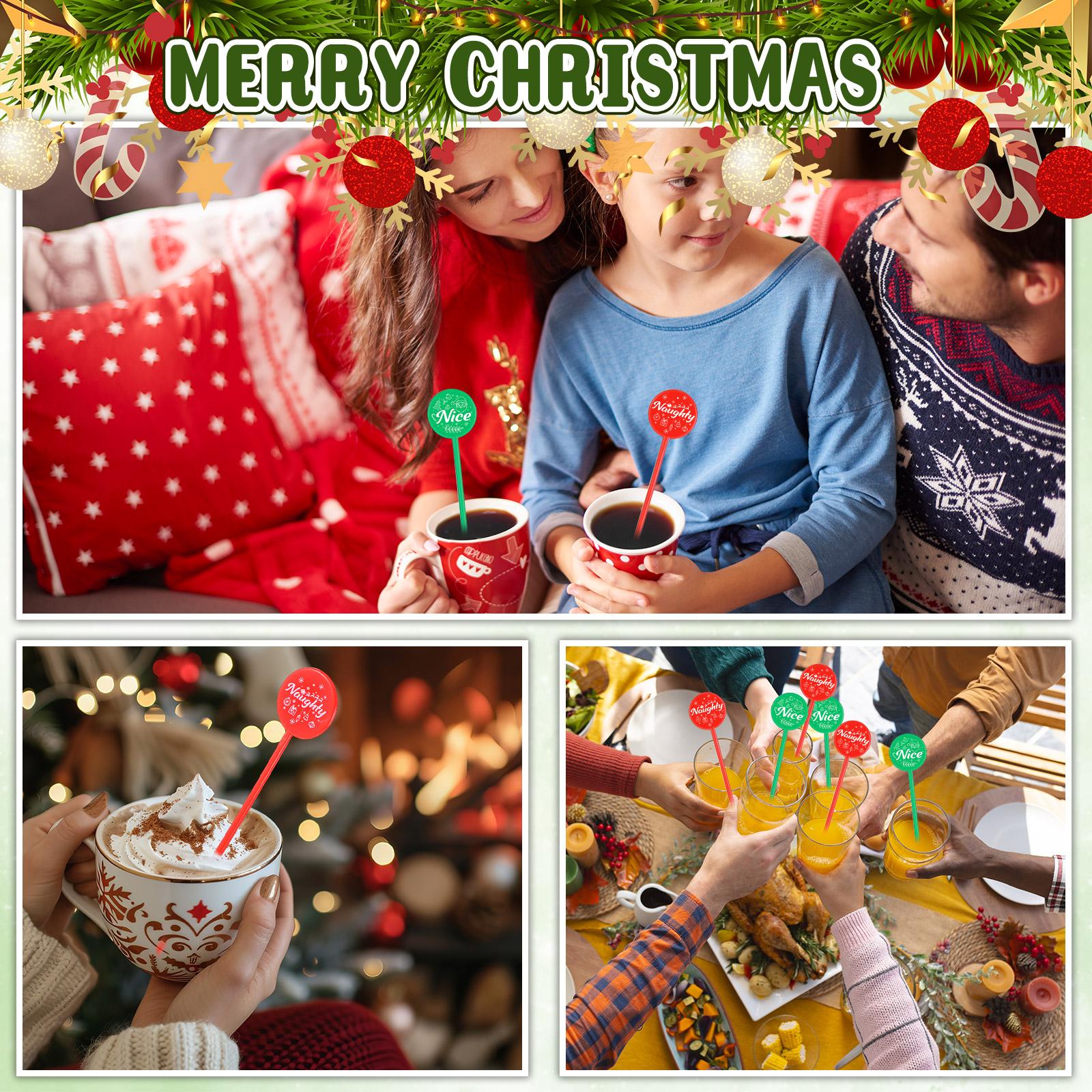 100 Pcs Christmas Drink Stirrers Christmas Coffee Stir Sticks Holiday Cocktail Swizzle Plastic Reusable Drink Stirrers Nice Naug