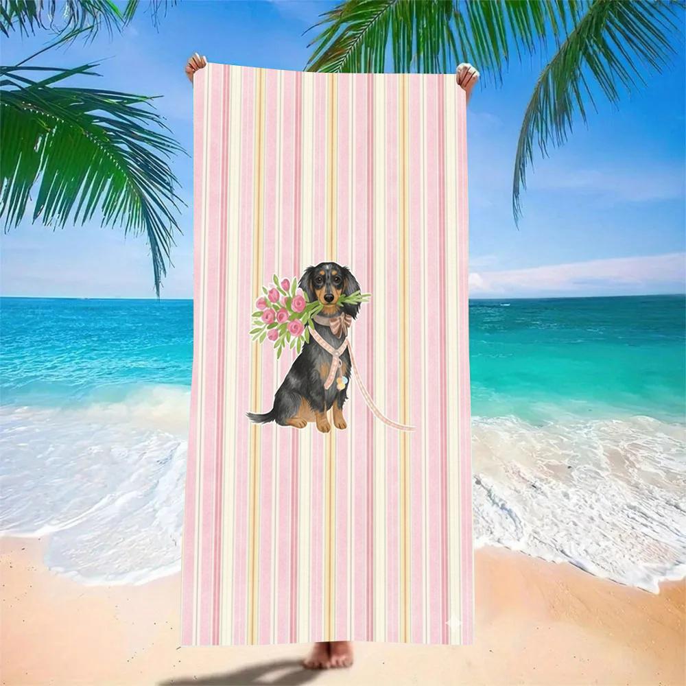Flieder Streifen Coole Sonnenbrille Dackel Print Strandtuch Schnelltrocknendes Handtuch für Kinder Erwachsene Schwimmen Fitnessstudio Aktivitäten