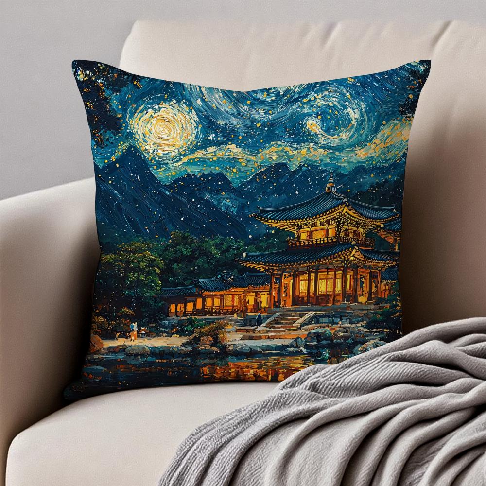 Historic Korean Landmark FFoguo Temple Cushion Cover Pillowcase Antidustmite Invisible Zipper Short Plush Sofa Cushion