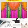 2D flat banner 1pc with an energetic Indian traditional theme background featuring colorful pink orange and green curtains