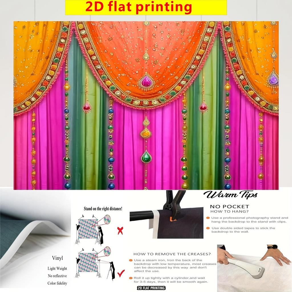 2D flat banner 1pc with an energetic Indian traditional theme background featuring colorful pink orange and green curtains