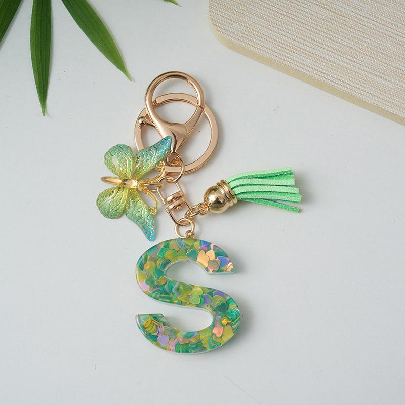 A-Z Initial Letter Keychain Green Butterfly Tassel Letter Charm Bag Pendant Couple Key Holder Pendant For Friend Gifts