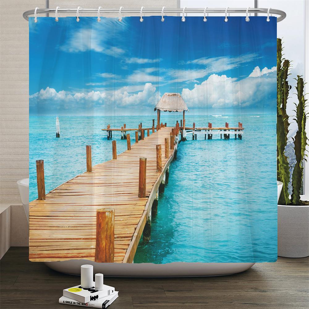 

Seaside Scenery 3D Printed Polyester Shower Curtain Wooden Bridge Nature Fabric Waterproof Bathroom Curtain For Bathtub 180X180 W60H190(CM)-1 Pcs